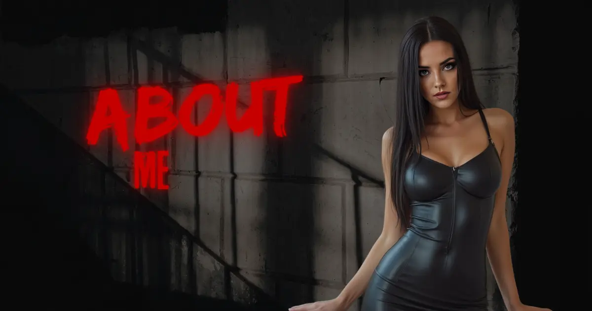 About Me – Aita Goth. A dominant, alluring woman in a black leather dress stands against a dark industrial background, exuding power and control. Bold red neon text highlights the section