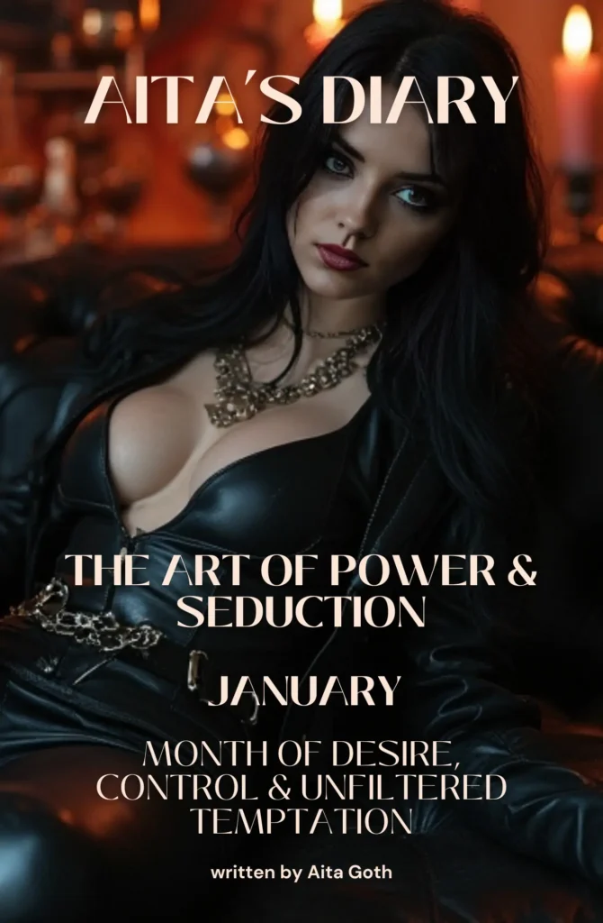 Sensual woman in black leather reclining in candlelit darkness, embodying the themes of power, seduction, and control, featured on the cover of 'Aita’s Diary: The Art of Power & Seduction' for January. Now on Kindle Unlimited