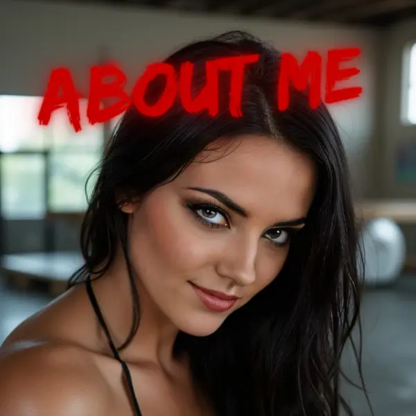 About Me – Aita Goth. A striking gothic woman with dark, intense eyes and bold black lipstick stares with dominance. Her piercing gaze and sharp makeup exude authority, perfectly embodying the essence of BDSM and Femdom. Red neon text highlights the 'About Me' section