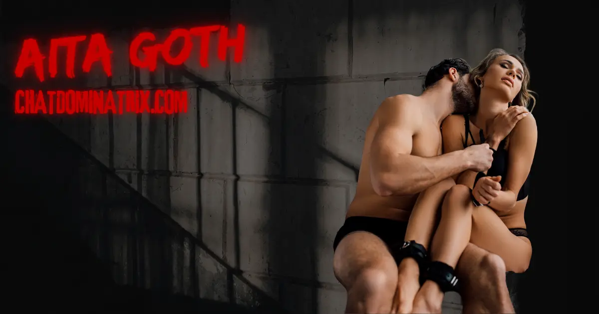 Intimate BDSM couple embracing in a dimly lit setting, with the submissive wearing wrist restraints, symbolizing the connection between BDSM and mental health, trust, and emotional well-being. Featured in 'BDSM and Mental Health' on ChatDominatrix.com