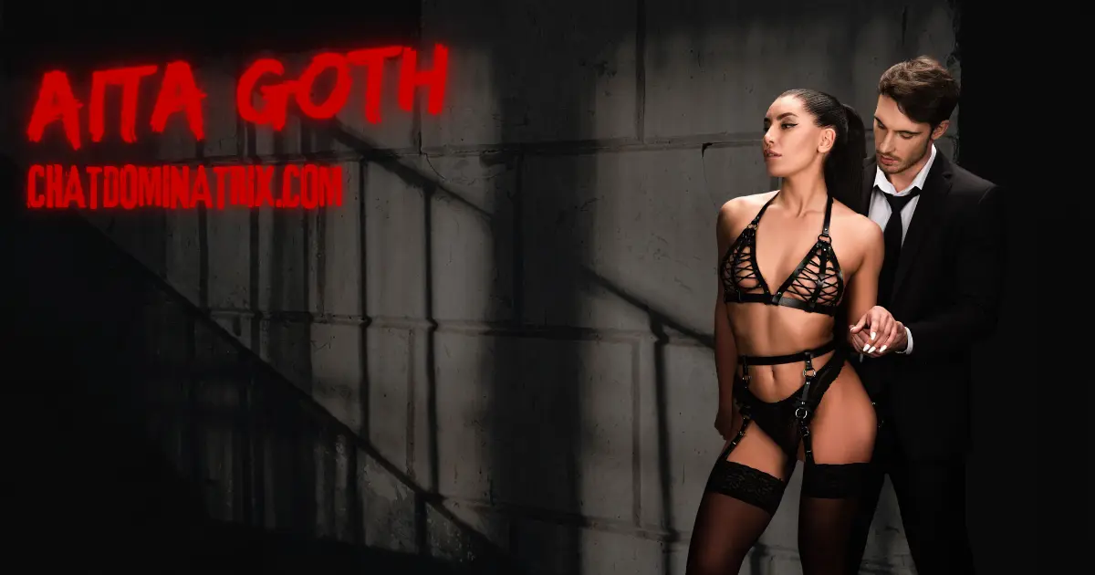 Elegant woman in strappy black lingerie standing with her hands restrained by a suited man, symbolizing the psychological depth and literary themes of BDSM, power, control, and submission. Featured in 'A Comprehensive Exploration of BDSM Literature and Psychology' on ChatDominatrix.com