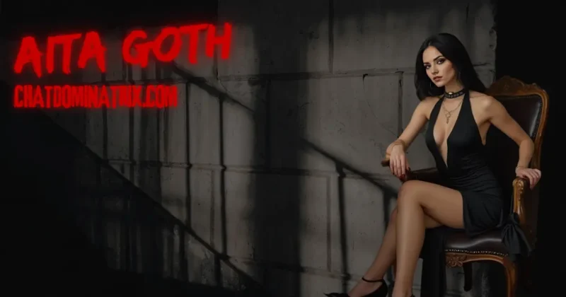 Aita Goth seated on an ornate chair in a dimly lit, industrial setting, wearing a plunging black dress and choker, exuding dominance and control, Femdom power and female-led relationships. Featured image for 'Femdom 101: A Beginner’s Guide to Female Domination' on ChatDominatrix.com
