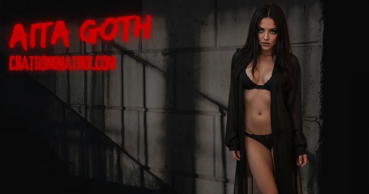 Aita Goth standing in a dimly lit industrial setting, wearing black lace lingerie and a sheer robe, exuding dominance and control, symbolizing submission, obedience, and devotion in BDSM. Featured image for 'Submissive Training: A Guide to Obedience, Devotion & Growth' on ChatDominatrix.com