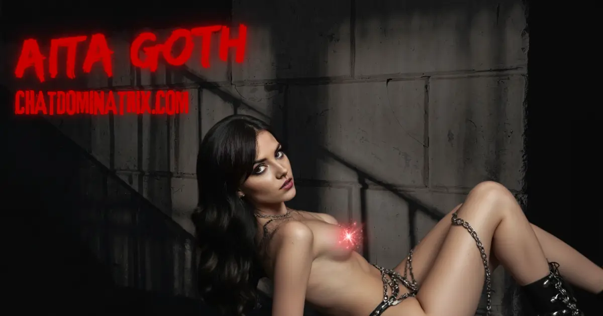 Aita Goth reclining against a dark industrial wall, wearing chains and black leather boots, exuding sensual dominance and submission, symbolizing the allure of BDSM and kink exploration. Featured image for 'Kink Exploration' by Aita Goth on ChatDominatrix.com