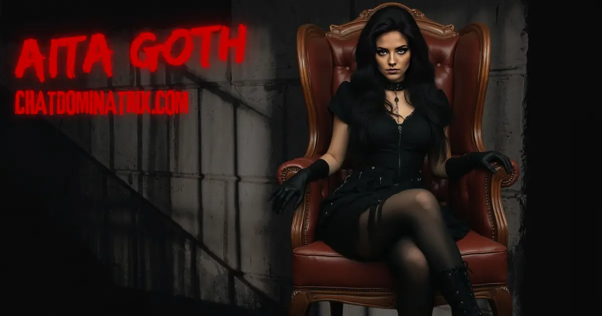 Aita Goth seated on a regal leather throne in a dark gothic setting, dressed in black gloves and a choker, exuding dominance and control, symbolizing power exchange and unconventional kinks. Featured in '7 Unusual Kinks' on ChatDominatrix.com