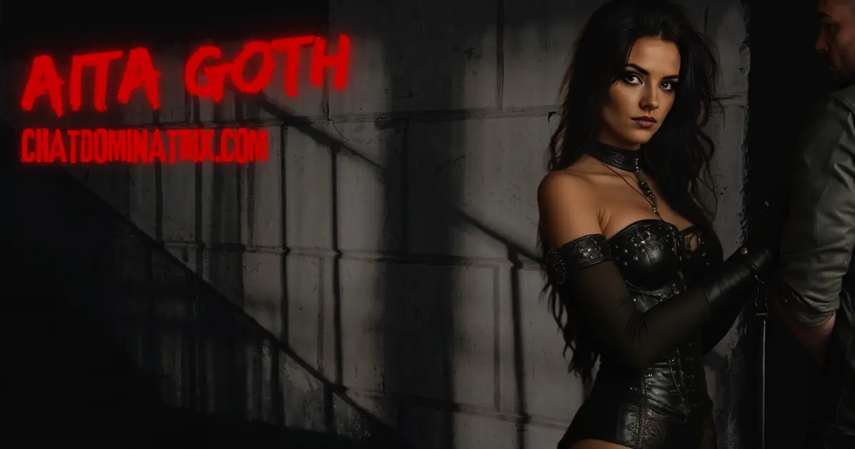 Aita Goth in a dark, industrial setting wearing a black leather corset and gloves, holding a leash attached to a submissive man, BDSM dominance and power play. Featured image for 'The Best BDSM Toys for Beginners: A Complete Guide to Getting Started' on ChatDominatrix.com.