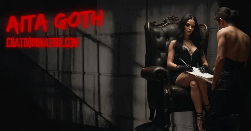 Aita Goth seated on a dark leather throne, dressed in black gloves and a corset, signing a contract as a submissive kneels before her, symbolizing power exchange, consent, and the ritual of surrender in BDSM. Featured image for 'BDSM Scenario: The Ritual of Surrender, A Power Exchange Experience' on ChatDominatrix.com