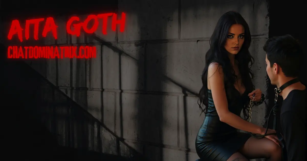 Aita Goth seated on a dark leather throne, dressed in black leather gloves and a corset, signing a contract while a submissive kneels before her, symbolizing negotiation, consent, and boundaries in BDSM. Featured image for 'Safe Words & Limits: How to Set Boundaries in BDSM' on ChatDominatrix.com