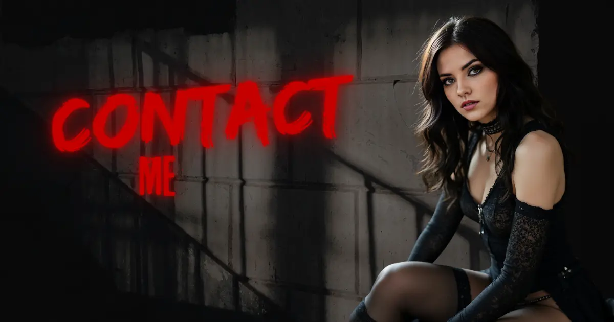 Contact Me – Aita Goth. A seductive, gothic woman in black lace lingerie and stockings sits in a dimly lit dungeon setting. Her dark, piercing gaze invites connection, framed by bold red neon text. BDSM and Femdom authority in every detail