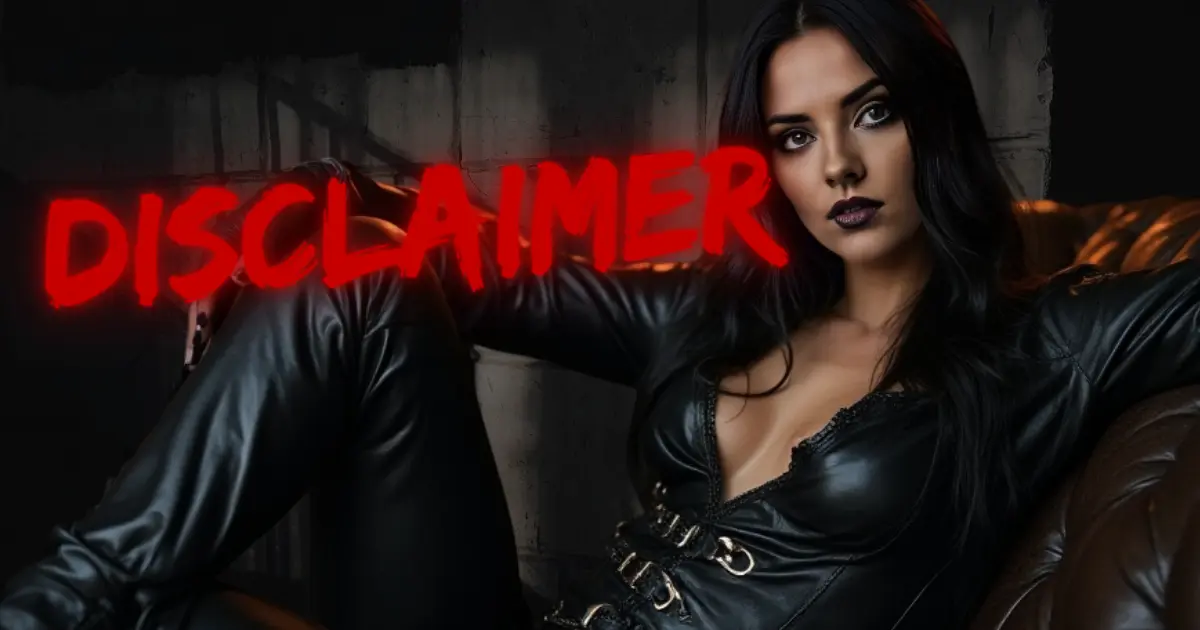 Disclaimer – Aita Goth. A dominant woman in black leather reclines on a chair, exuding authority and control. Her dark stare commands attention, embodying the essence of Femdom and BDSM dominance. Red neon text highlights the disclaimer section