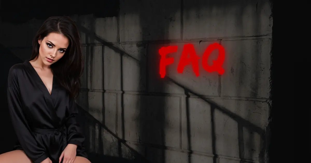 FAQ – Aita Goth. A seductive woman in a black satin robe gazes with dominance and mystery, set against a dark, industrial background. Red neon text highlights the FAQ section, inviting exploration into BDSM, Femdom, and kink knowledge