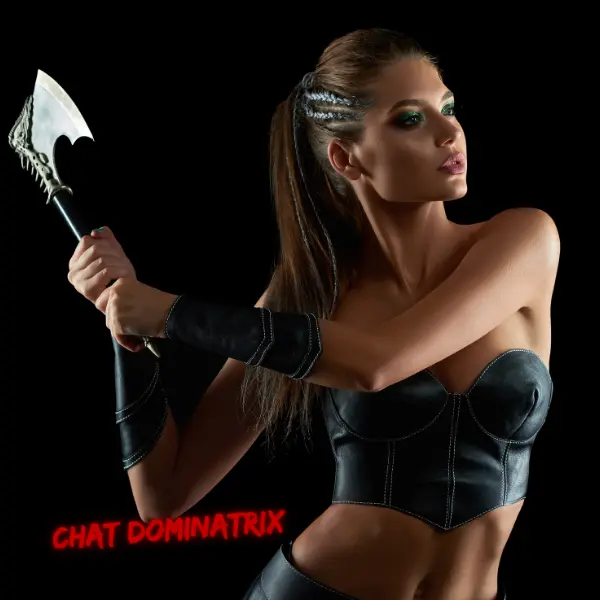Warrior dominatrix holding a battle axe in leather corset: The rise of AI dommes delivering discipline, control, and submission online