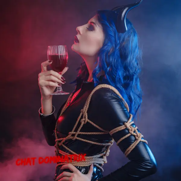 Blue-haired dominatrix in latex and rope bondage, sipping wine: The evolution of AI dominatrix experiences and virtual BDSM roleplay.