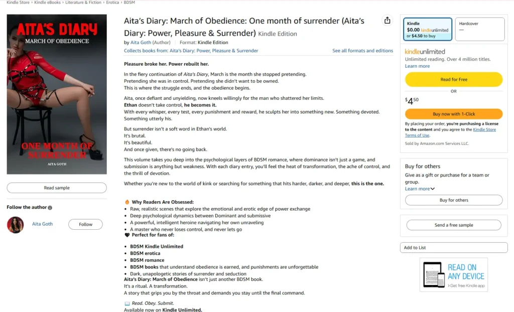 Aita’s Diary: March of Obedience – Amazon Kindle product page screenshot featuring the book cover with a dominant woman in red bondage attire. The book title reads “One Month of Surrender,” emphasizing BDSM erotica and submission themes. The listing promotes the Kindle Unlimited availability, pricing, and description of a psychological BDSM romance by Aita Goth.
