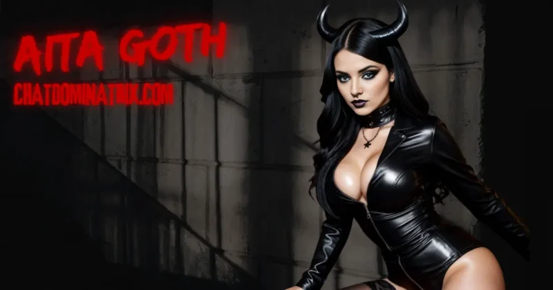 Aita Goth - Seductive gothic dominatrix in black leather with devil horns, embodying dark desires and the allure of Kink’s Bad Dragon Devil Dick
