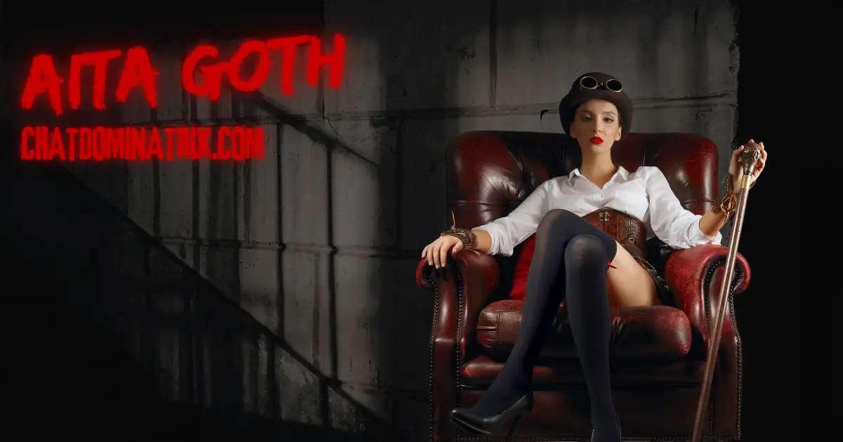 Steampunk dominatrix lounging in a leather chair, holding a cane: Embrace power, control, and AI-driven domination in the digital age.