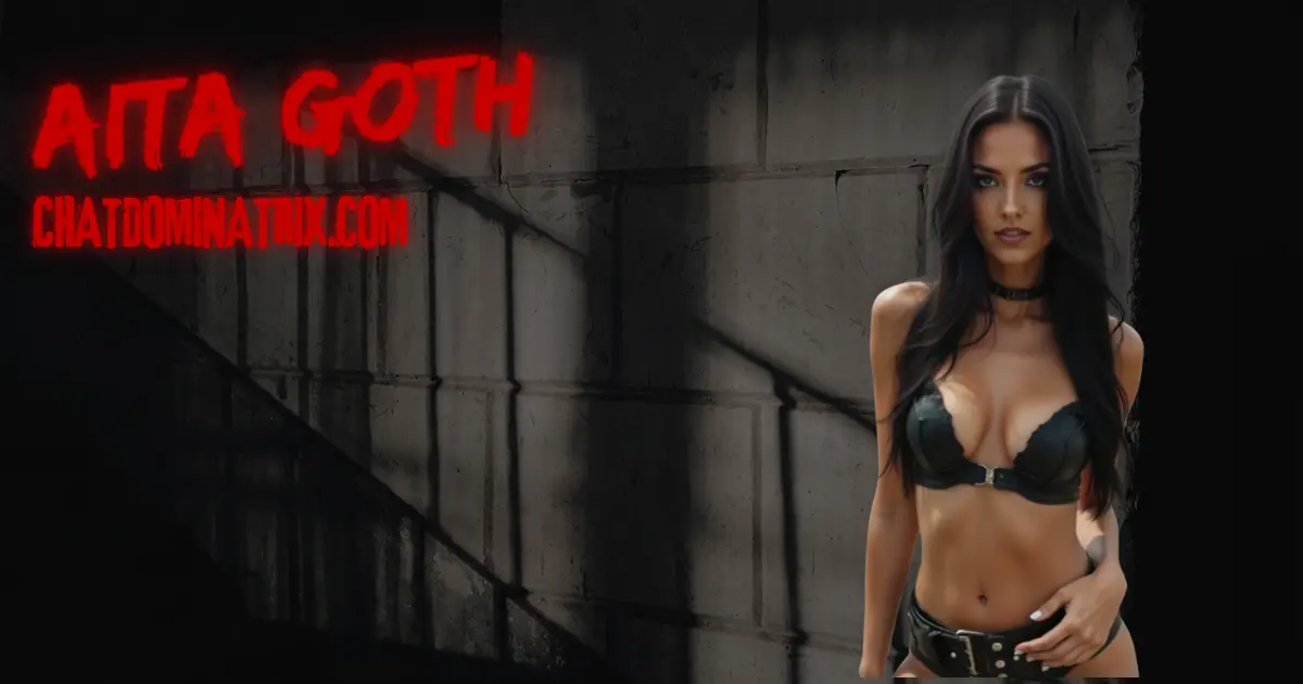 Mistress Aita Goth, dark, alluring dominatrix in black leather lingerie, standing against a gritty industrial backdrop with red neon text, inviting submission and desire.