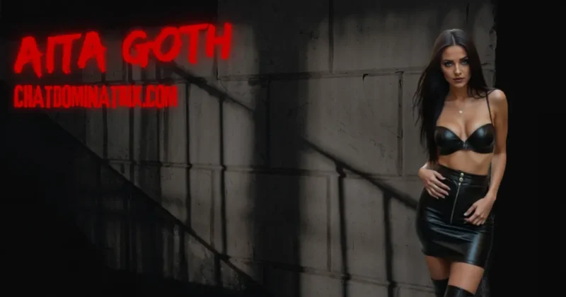 Dominatrix Aita Goth in black leather skirt and bra standing in dungeon shadows, symbolizing BDSM punishment obedience, power exchange, and psychological discipline