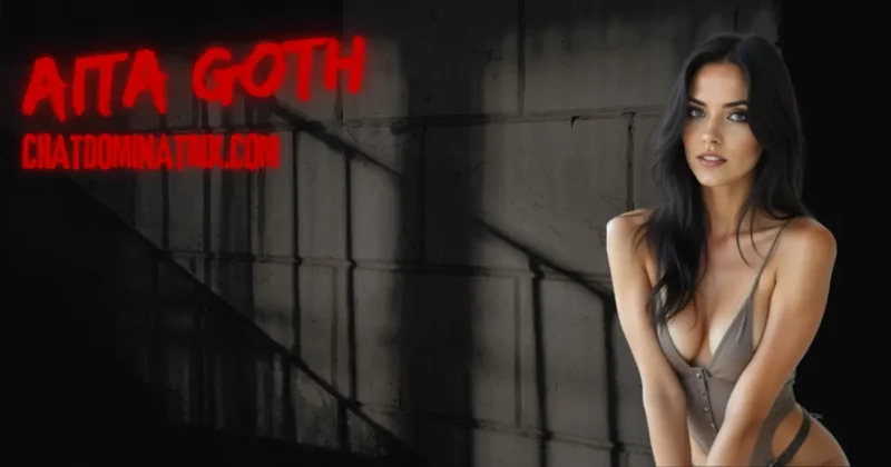 Dominatrix Aita Goth in revealing outfit against dark dungeon wall with red neon text chatdominatrix.com, BDSM psychology and submission theme banner