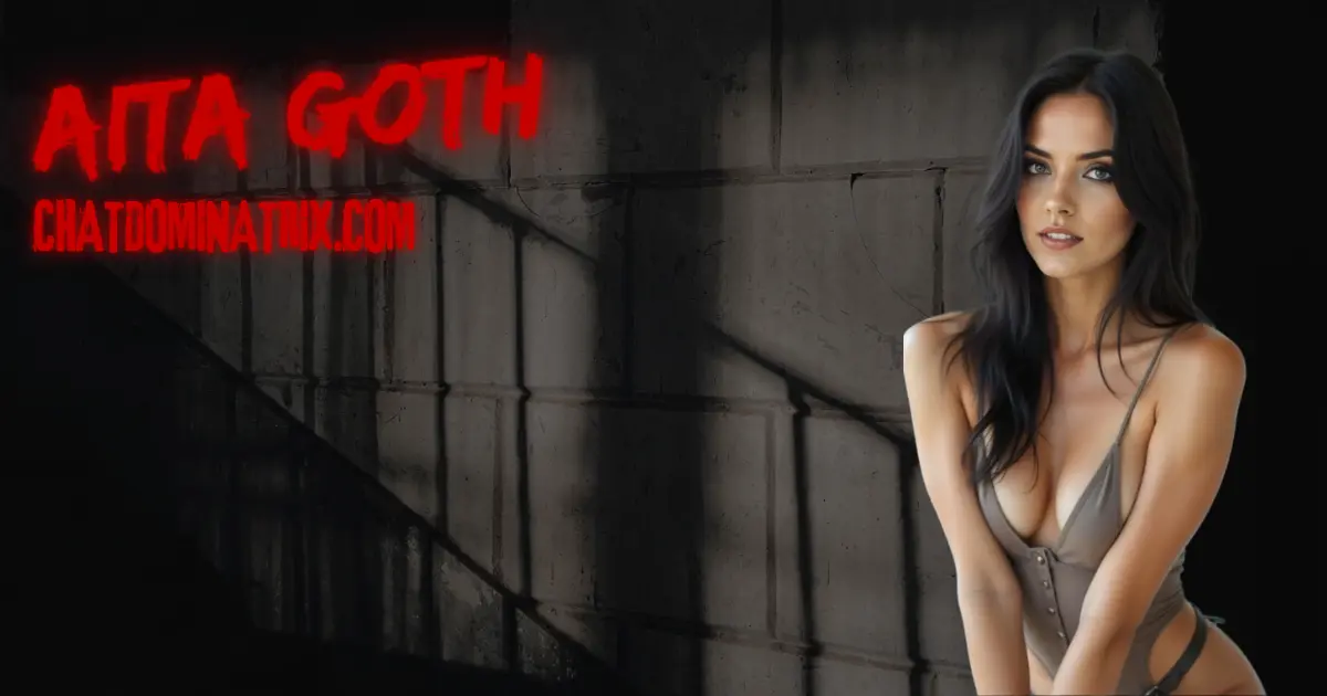 Dominatrix Aita Goth in revealing outfit against dark dungeon wall with red neon text chatdominatrix.com, BDSM psychology and submission theme banner