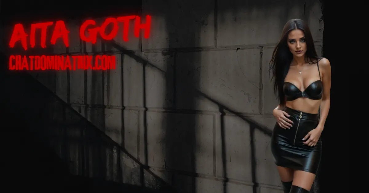 Dominatrix Aita Goth in black leather skirt and bra standing in dungeon shadows, symbolizing BDSM punishment obedience, power exchange, and psychological discipline