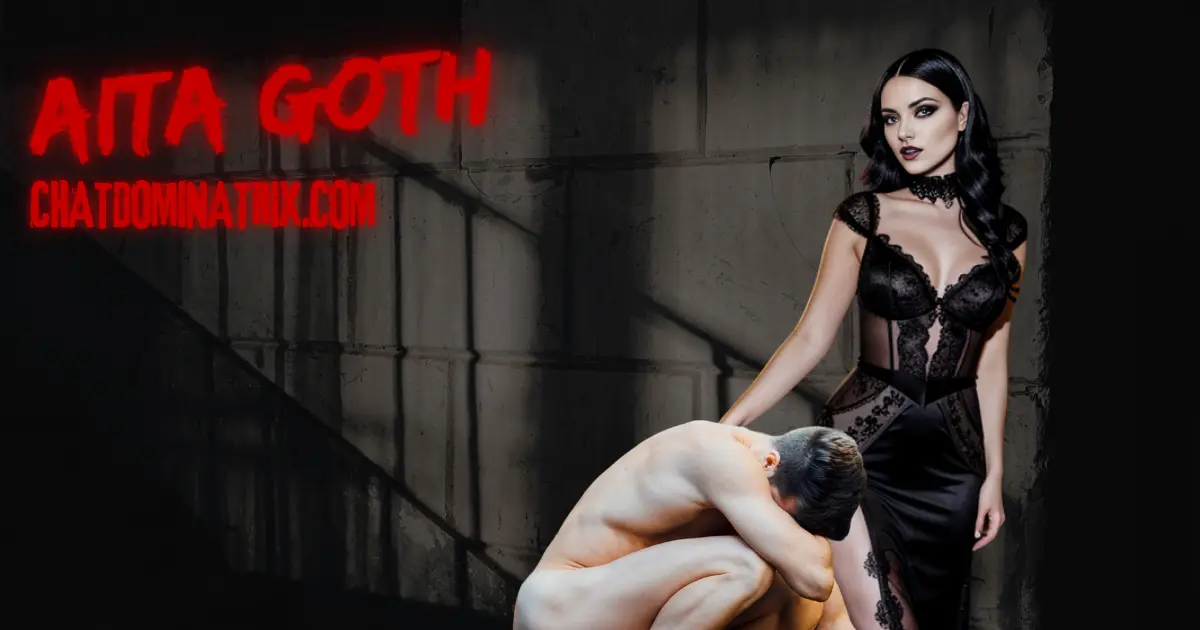 Mistress Aita Goth, Elegant dominatrix in black lace standing over her submissive naked male partner, embodying the power dynamic of CFNM in BDSM