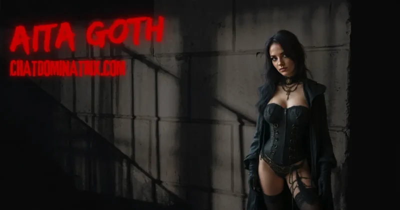 Mistress Aita Goth, A dominant woman in gothic black lingerie and corset, embodying the power dynamics of forced feminization in femdom