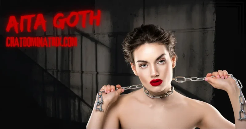 Bold BDSM-themed banner featuring a striking woman holding a steel chain, symbolizing control, submission, and AI-generated exploration of kink. Article on KinkAI by Aita Goth on ChatDominatrix.com