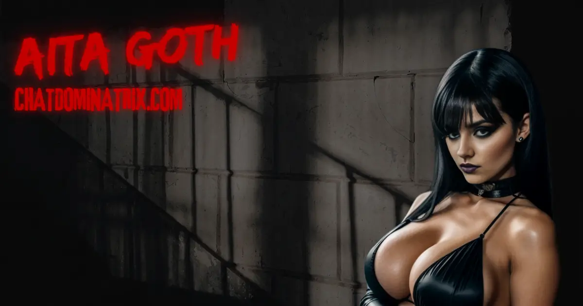 Mistress Aita Goth, A dark, seductive woman with jet-black hair, smoky eyes, and a leather choker stares intensely. The neon-red 'Aita Goth' logo glows against a shadowed industrial backdrop. Breath Play Kink Story Banner