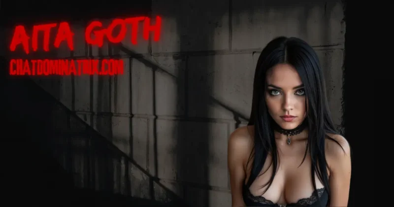 Mistress Aita Goth, A gothic dominatrix in black lace and a choker exudes power and seduction, embodying the authority of femdom strap-on play