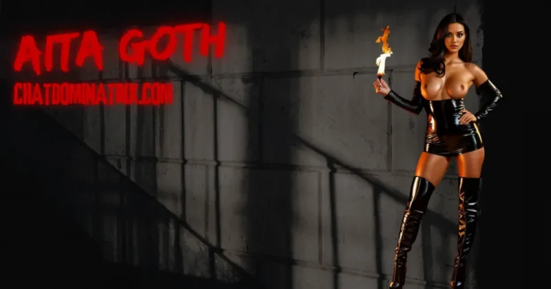 Mistress Aita Goth, Fire Goddess of Domination – A powerful dominatrix in black leather holds a whip of flames, standing before an inferno, symbolizing ultimate control and seduction.