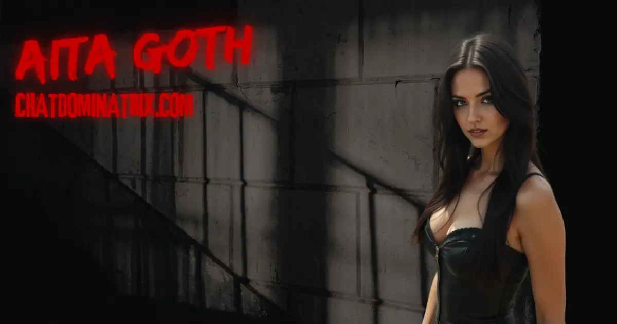 Dark sensual portrait of a dominant woman in a black leather corset, standing against a concrete wall cast in moody shadows. Her intense gaze and commanding presence evoke the essence of BDSM ritual, control, precision, and psychological surrender. The red neon “AITA GOTH” and ChatDominatrix.com branding signal authority and allure in the world of femdom discipline and ritual structure.