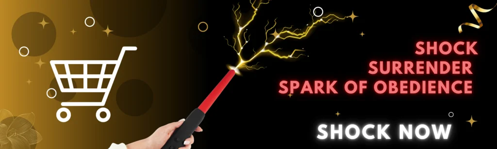 Electro Zapper banner for BDSM kink Story. A bound submissive writhes in anticipation as an electro zapper hovers near their skin, sparks dancing in the dim light, pleasure and pain entwined in electric torment