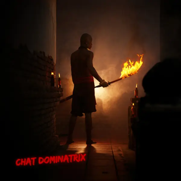Ritualistic Fire Play – A dominant figure wields a flaming staff in a shadowed dungeon, evoking the ceremonial power of fire in BDSM.