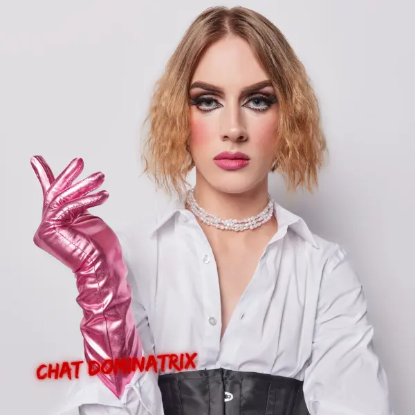 A feminized figure in a black corset, white blouse, and pink gloves, exuding control and refinement in forced feminization