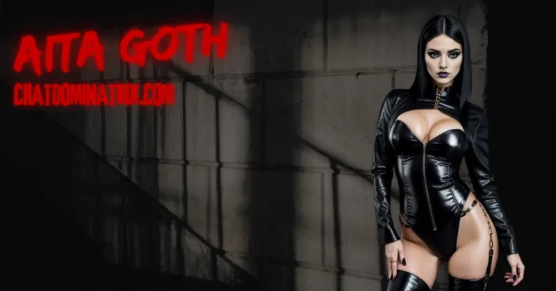 Aita Goth exudes dominance in a skin-tight black latex ensemble, standing against a shadowed industrial wall illuminated by neon red lettering. Her piercing gaze and commanding stance capture the essence of BDSM public play, exhibitionism, and power dynamics. This banner for Chat Dominatrix teases the seductive allure of The Club’s Amusement, an intense public BDSM show where submission, control, and desire intertwine.