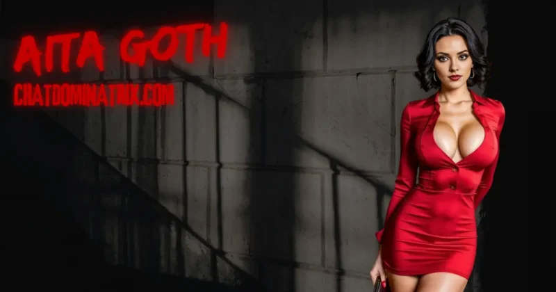 Aita Goth stands in dominance, draped in a form-fitting red dress that commands attention. Her piercing gaze and sultry confidence embody the essence of BDSM storytelling, power exchange, and dark erotic fiction. Set against a shadowed industrial backdrop, the banner for Chat Dominatrix teases a world of kink stories, femdom fantasies, and psychological seduction crafted by Aita Goth.