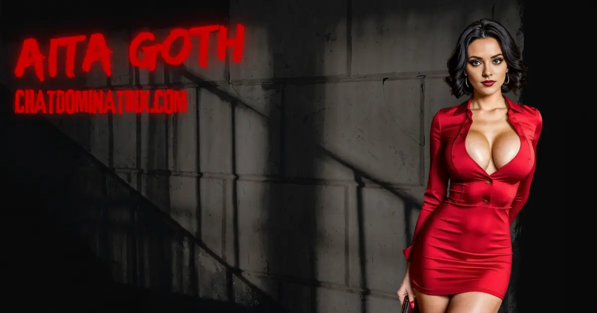 Aita Goth stands in dominance, draped in a form-fitting red dress that commands attention. Her piercing gaze and sultry confidence embody the essence of BDSM storytelling, power exchange, and dark erotic fiction. Set against a shadowed industrial backdrop, the banner for Chat Dominatrix teases a world of kink stories, femdom fantasies, and psychological seduction crafted by Aita Goth.