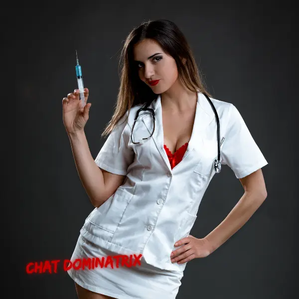Sensual Domination: The Erotic Nurse with a Syringe – A seductive nurse in a white uniform holding a syringe, embodying the allure of medical fetish play and the thrill of power exchange in BDSM.