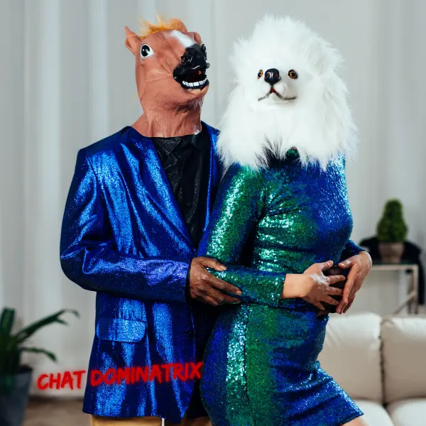 Equine and Furry Roleplay in Pet Play – A couple in horse and poodle masks dressed in vibrant outfits showcase the theatrical and fun side of pet play dynamics.
