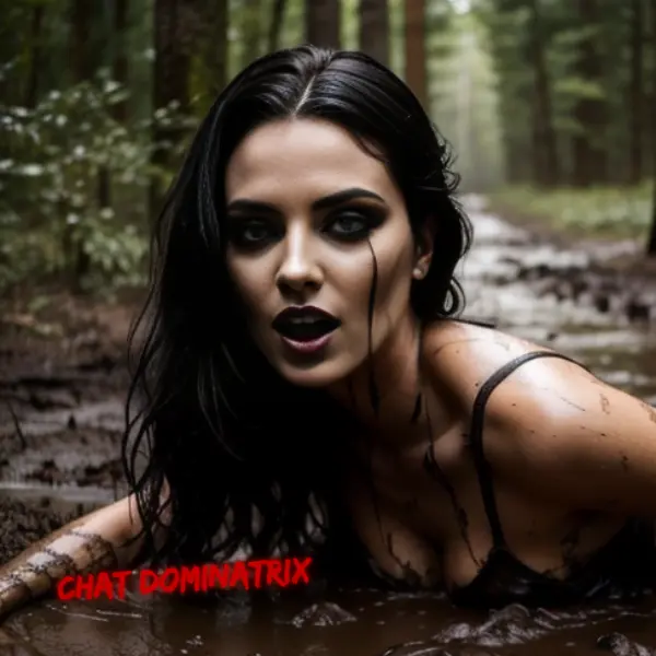 A dark-haired woman with piercing eyes crawls through a muddy forest trail, her skin streaked with dirt. Exploring the raw intensity of primal play, salirophilia, and muddy outdoor domination in BDSM.