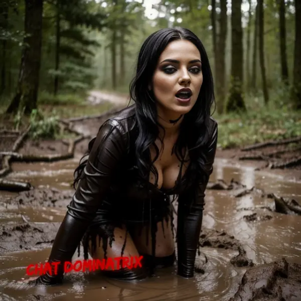 A seductive woman in a wet, black leather outfit kneels in a deep mud pit, her breath heavy with anticipation. Delving into primal kink, messy submission, and outdoor power exchange in a wild, untamed setting.