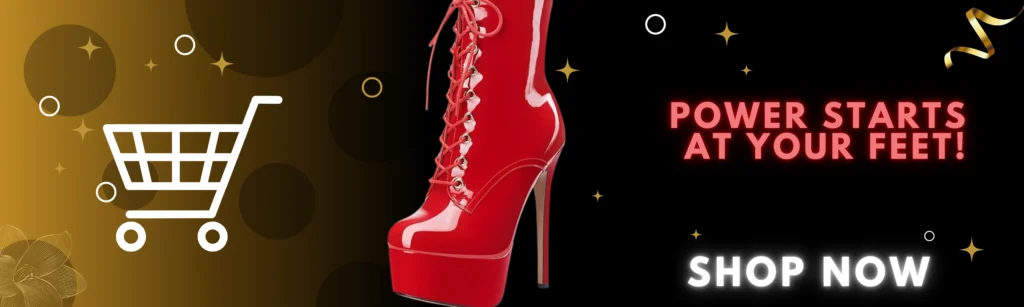 Red high-heeled platform lace-up boots on a luxury-themed affiliate banner. Bold text reads ‘Power Starts at Your Feet!’ with a ‘Shop Now’ call-to-action. Perfect for erotic fashion and BDSM-inspired footwear promotions