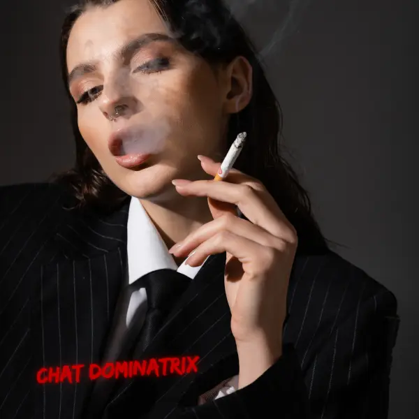 A seductive woman exhales a stream of smoke, her piercing gaze locking in submission. Highlighting the sensory pleasure of smoking in BDSM, from breath control to intoxicating obedience.
