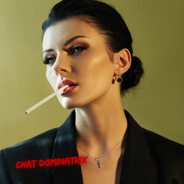 A glamorous woman with dark, smoky eyeshadow and glittering earrings holds a cigarette between her lips, bathed in moody blue and pink neon light. The allure of smoking fetish, femme fatale dominance, and seductive power play in BDSM