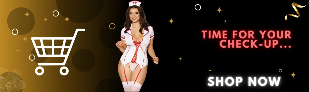 Sexy nurse costume banner featuring a curvy woman in a white and red lace-up bodysuit with garters and stockings. Bold text reads ‘Time for Your Check-Up…’ with a ‘Shop Now’ call-to-action. Perfect for adult cosplay, lingerie, and roleplay outfit promotions.
