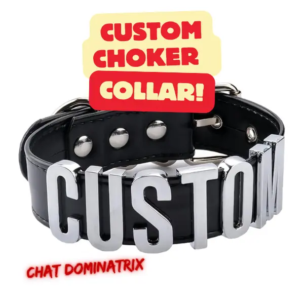 A black leather custom choker collar with silver metal lettering spelling "CUSTOM." The collar features adjustable straps and a bold, dominant aesthetic, ideal for BDSM dynamics and power exchange relationships. Customizable collars allow submissives to wear a personal mark of ownership, devotion, or style in kink and fetish play