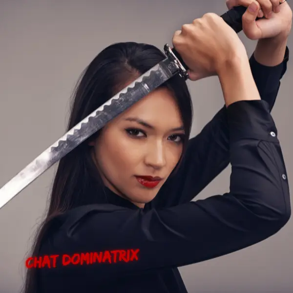 The Psychology of Knife Play: Dominance and Submission – A fierce woman with a raised blade, capturing the anticipation, tension, and psychological power of edge play.