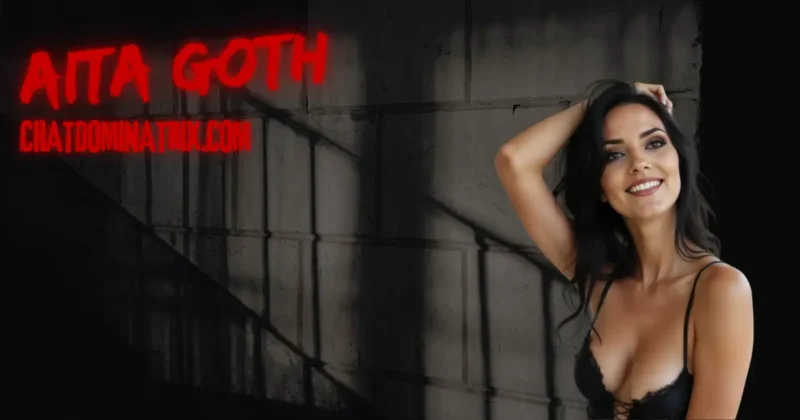 Dominatrix Aita Goth smiling in seductive black lingerie next to the BDSM contract guide banner — authority meets desire.