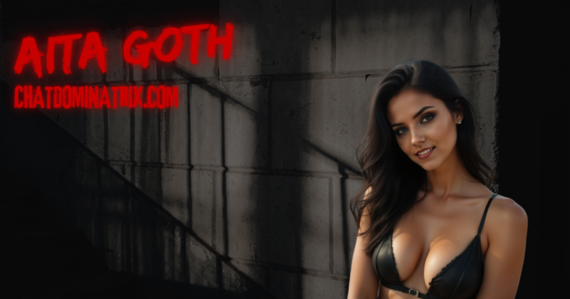Promotional banner for Aita Goth’s BDSM test on ChatDominatrix.com, featuring leather-clad woman standing confidently in shadowed dungeon setting
